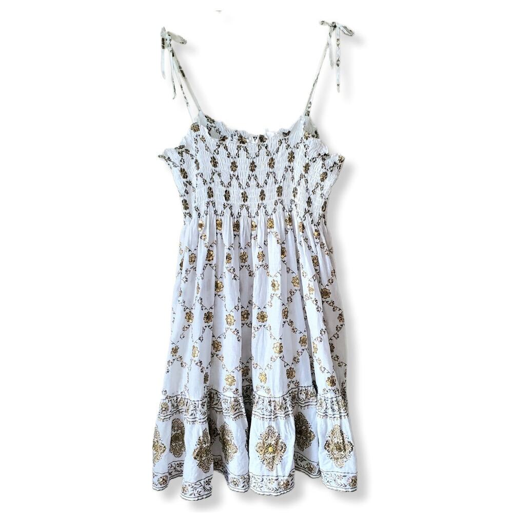 Juliet Dunn White Gold Sequin Mini Sundress OS Beach Boho Chic Resort Hippie